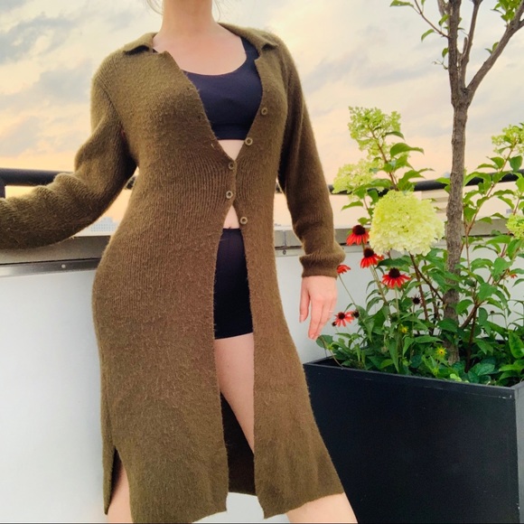 SOLD ON MERC Italian Knit Thick Long Mohair Wool Duster Cardigan Army Green - Picture 5 of 16